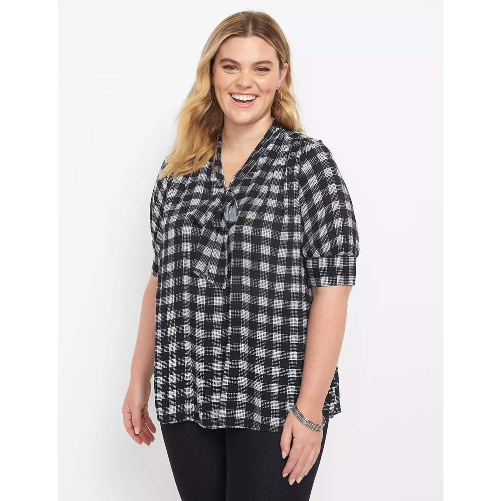 Lane Bryant Black and White Plaid Tie-Neck Blouse